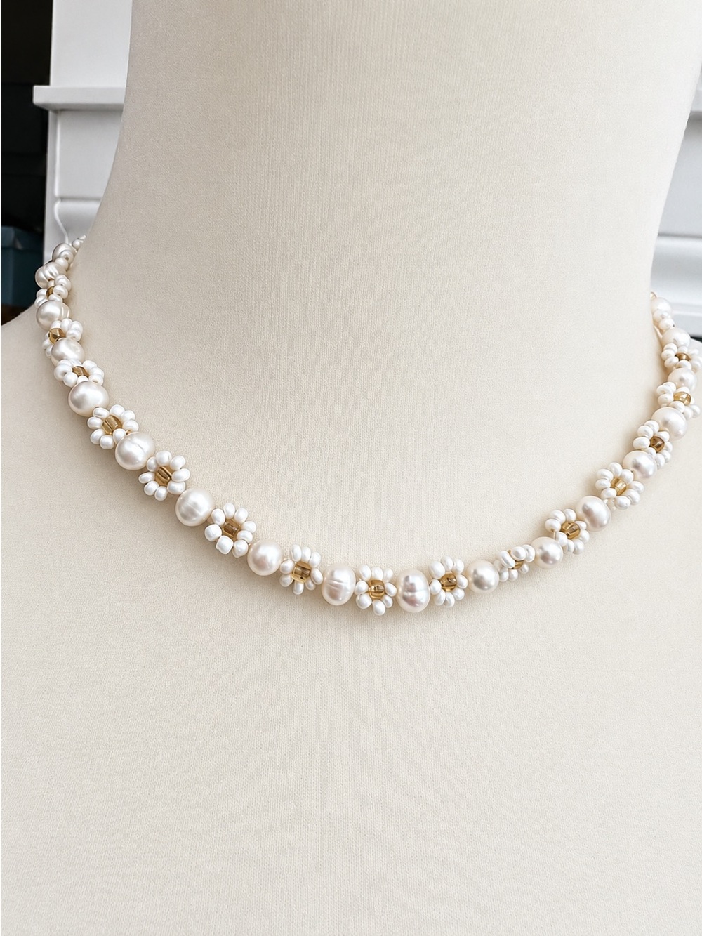 Delicate White Pearl Floral Choker Necklace